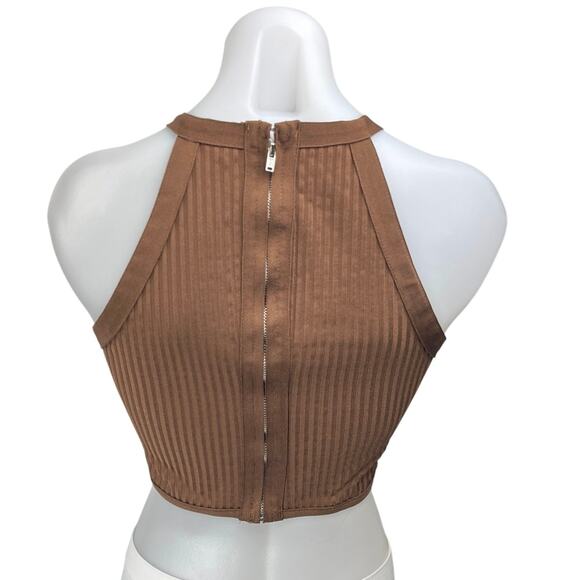 Missguided Brown Rib Knit Sleeveless Racerback Zippper Corset Crop Tank Top Sz 4 - Picture 2 of 3